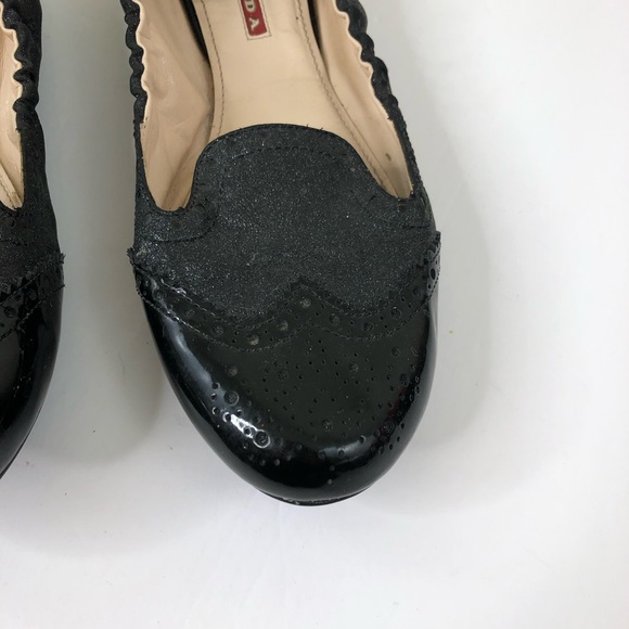 Prada Black Leather Glitter Ballet Flats size 38 - Picture 5 of 13